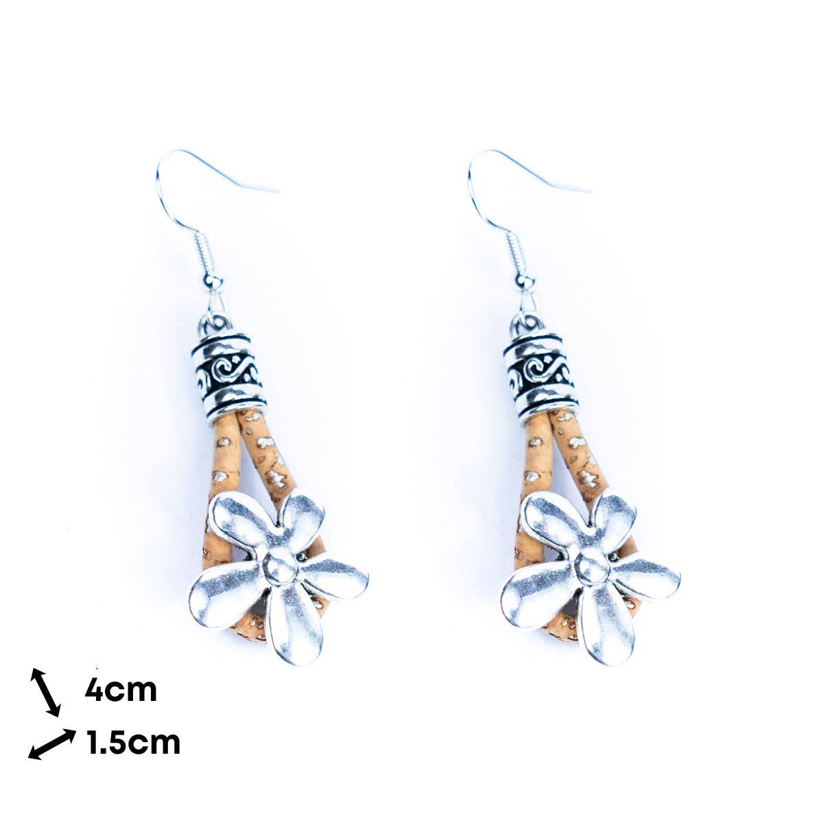 Natural cork cord and flowers pendants handmade earrings-ER-187-5