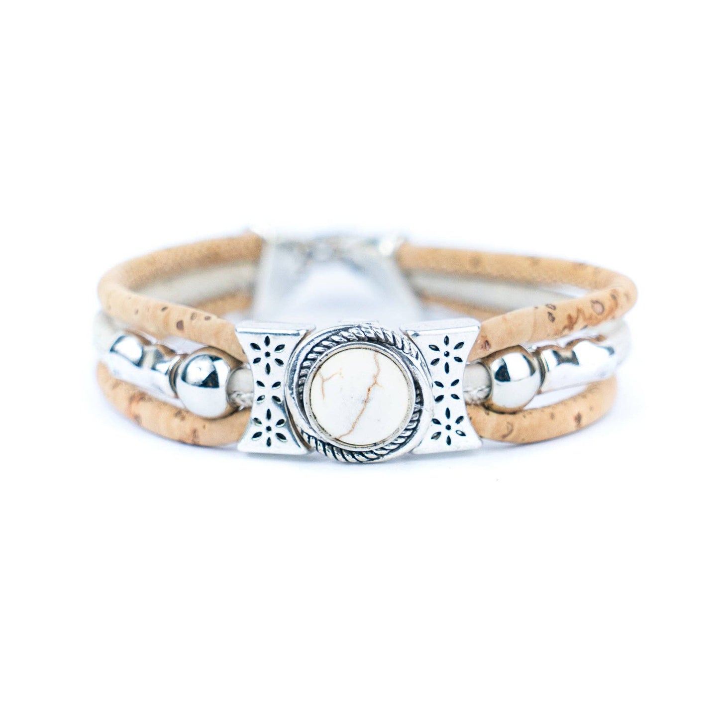 Natural cork cord and ceramic beads handmade bracelet and ring set