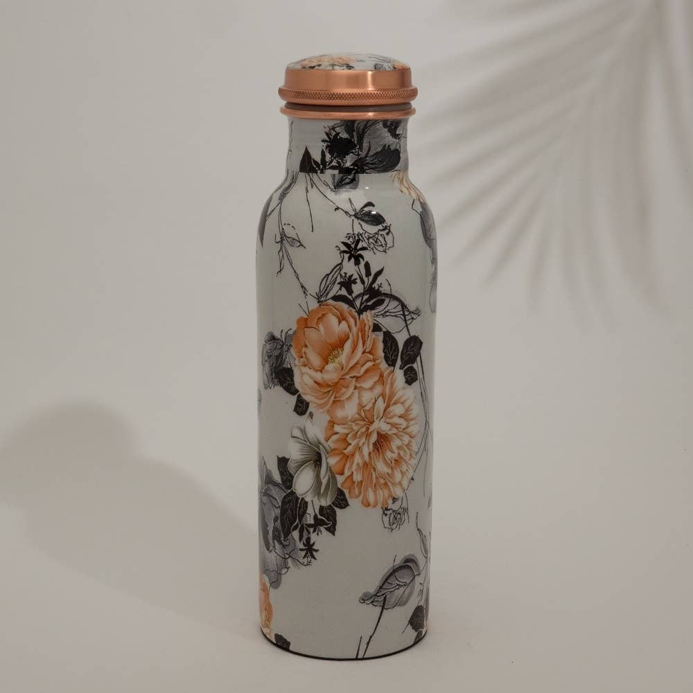 Garrafa de água em cobre puro com estampado floral branco, da Ayurveda Specialist bv, aproximadamente 750 ml (pesado)