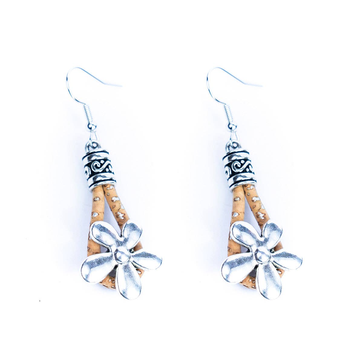 Natural cork cord and  flowers pendants handmade earrings-ER-187-5