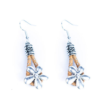 Natural cork cord and  flowers pendants handmade earrings-ER-187-5
