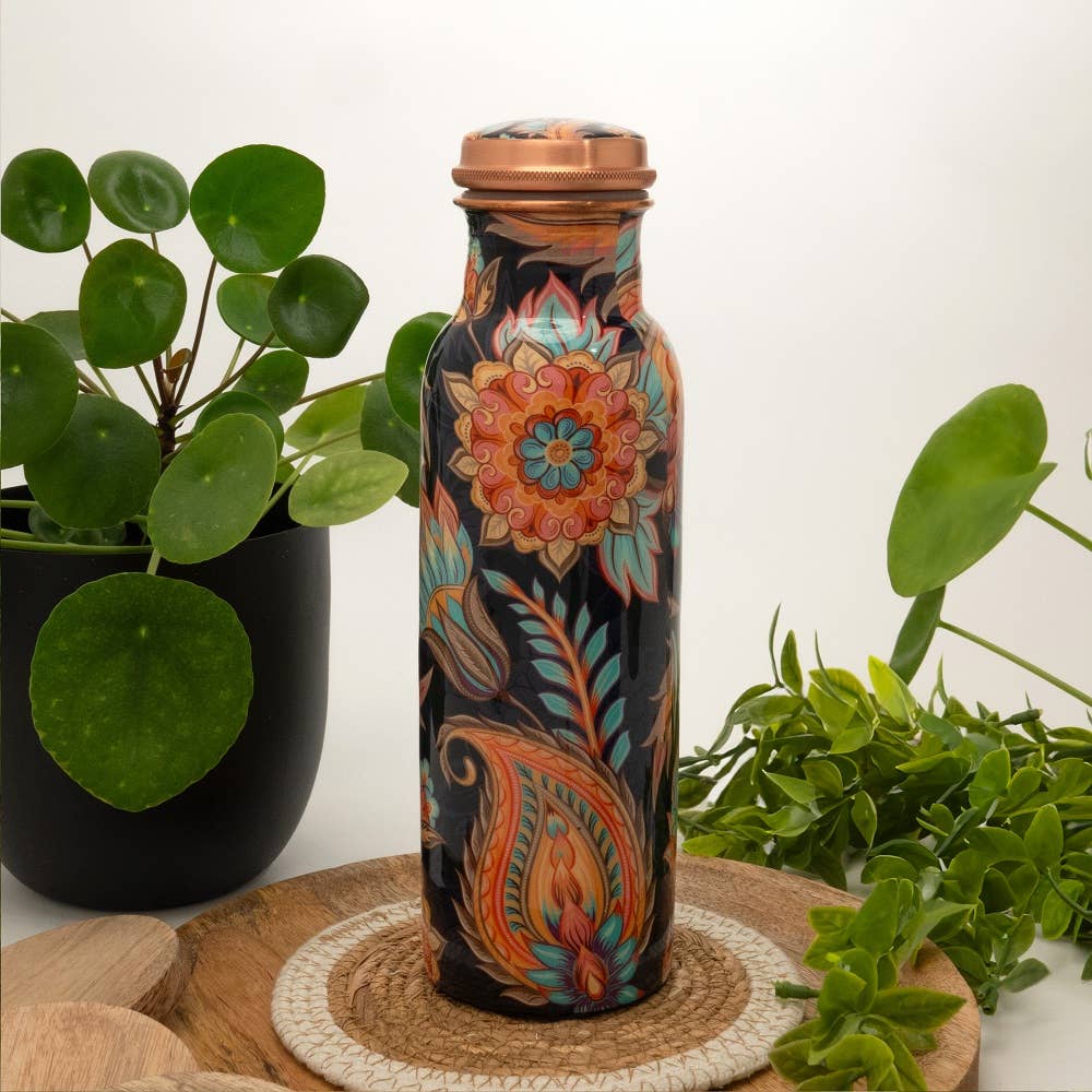 Ayurveda specialist b.v. Pure Copper Water Bottle With Floral Print ± 750 Ml/290 G.