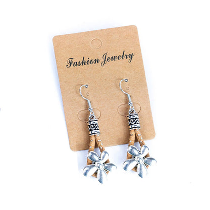 Natural cork cord and  flowers pendants handmade earrings-ER-187-5