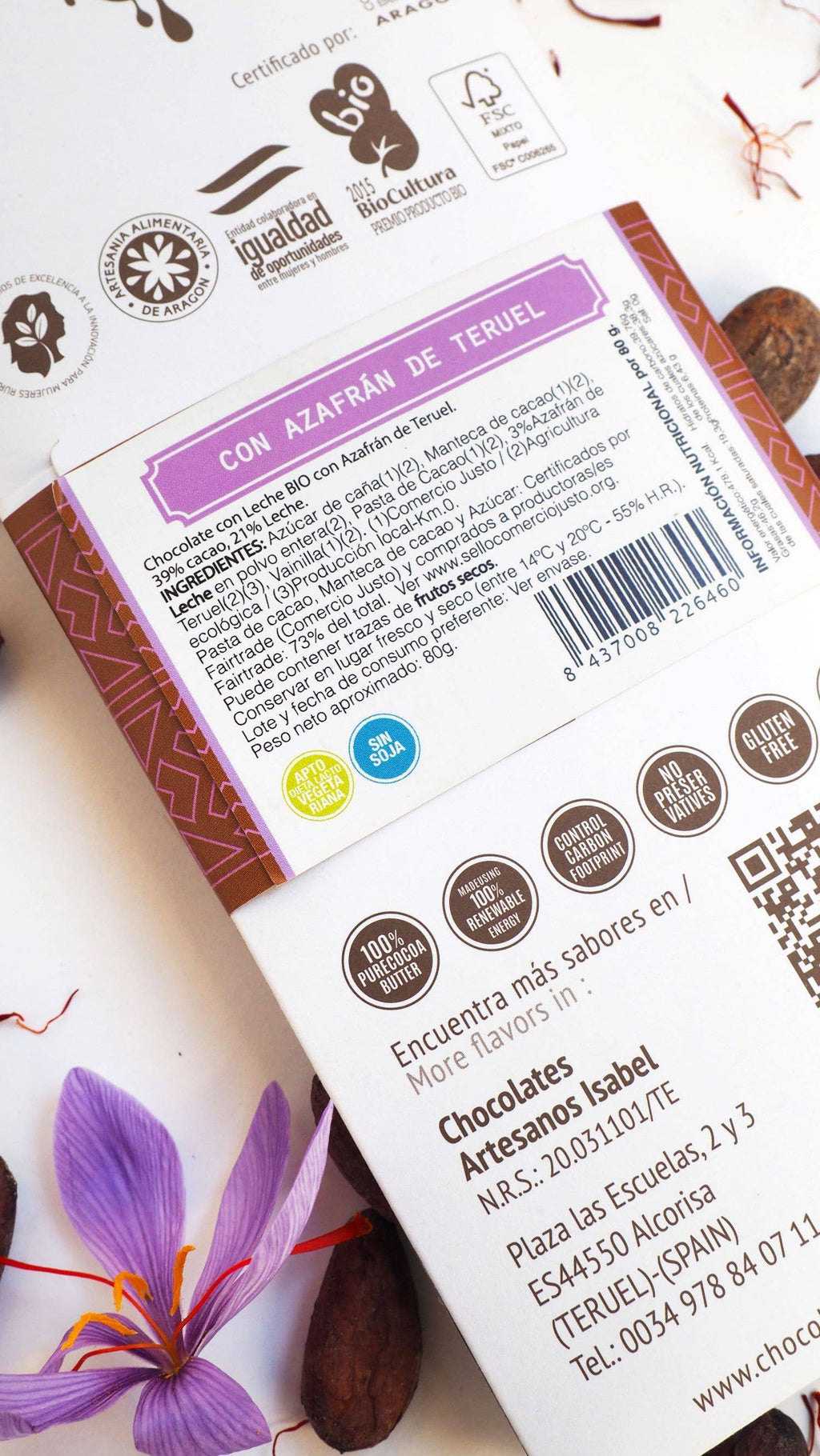 Chocolate biológico com açafrão em tablete de Teruel - 10 unidades