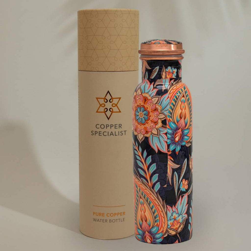 Ayurveda specialist b.v. Pure Copper Water Bottle With Floral Print ± 750 Ml/290 G.