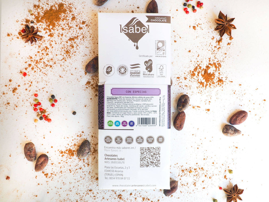 Chocolate negro biológico com especiarias (caixa de 10 unidades)