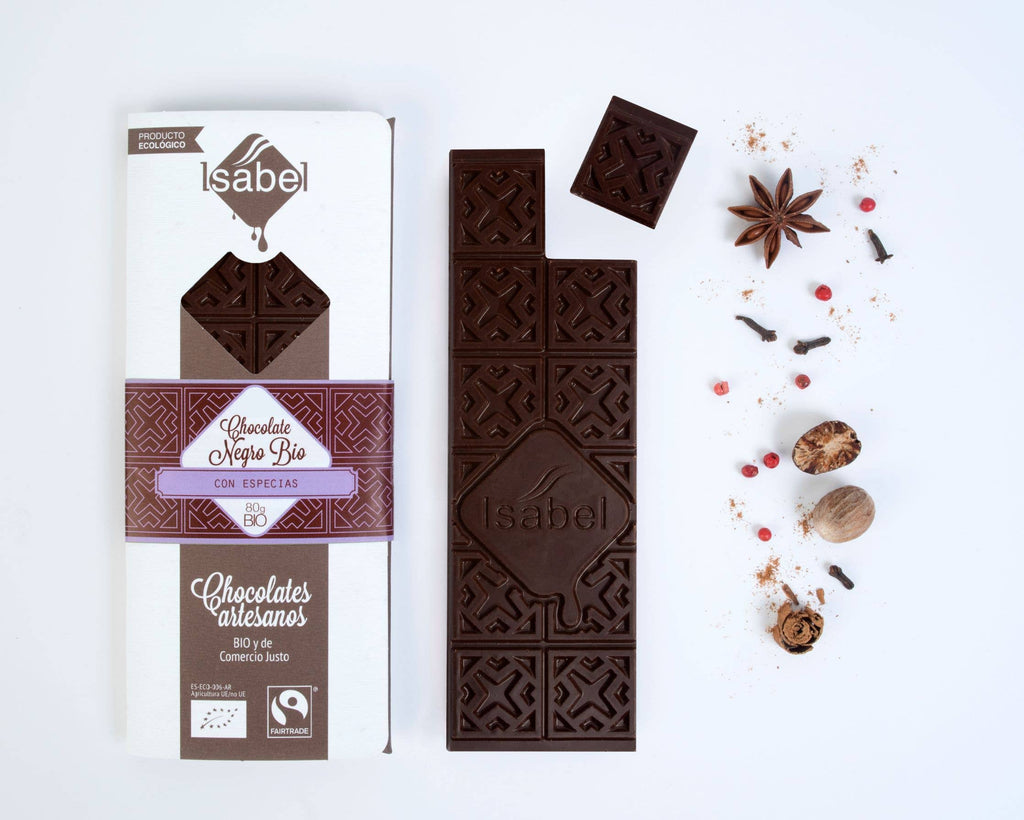 Chocolate negro biológico com especiarias (caixa de 10 unidades)